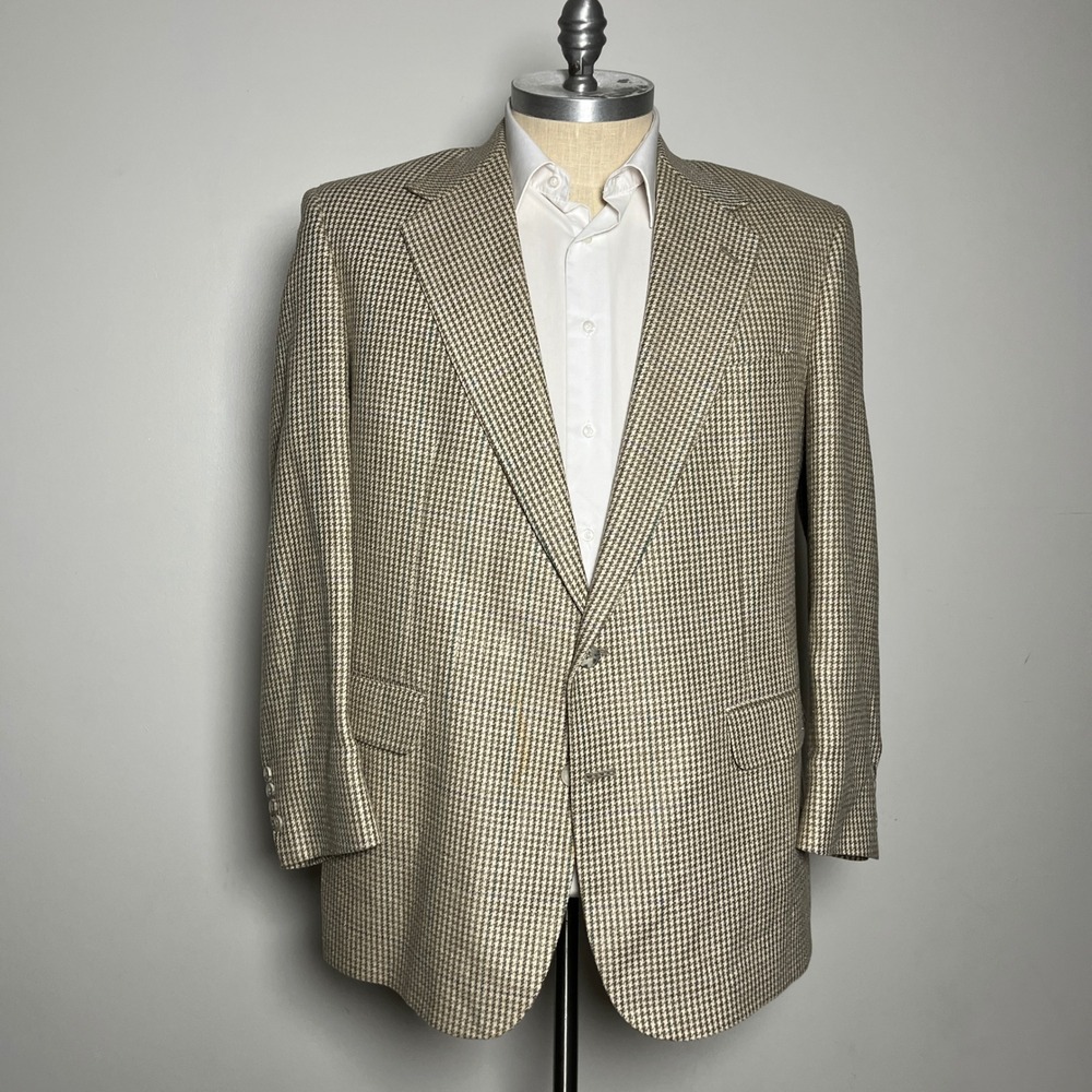 Corbin Ltd Sport Coat Mens 46R Tan Brown Houndstooth Wool Vintage Blazer USA